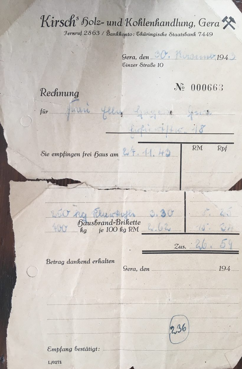 Originalrechnung der Kirsch Holz- und Kohlenhandlung in Gera, 1943